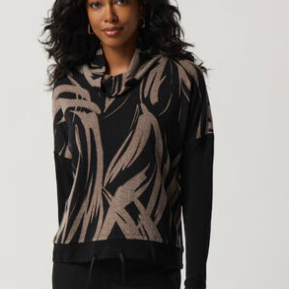 Joseph Ribkoff Abstract Boxy Cowl Neck Top 10 Black Tan Artsy Contemporary